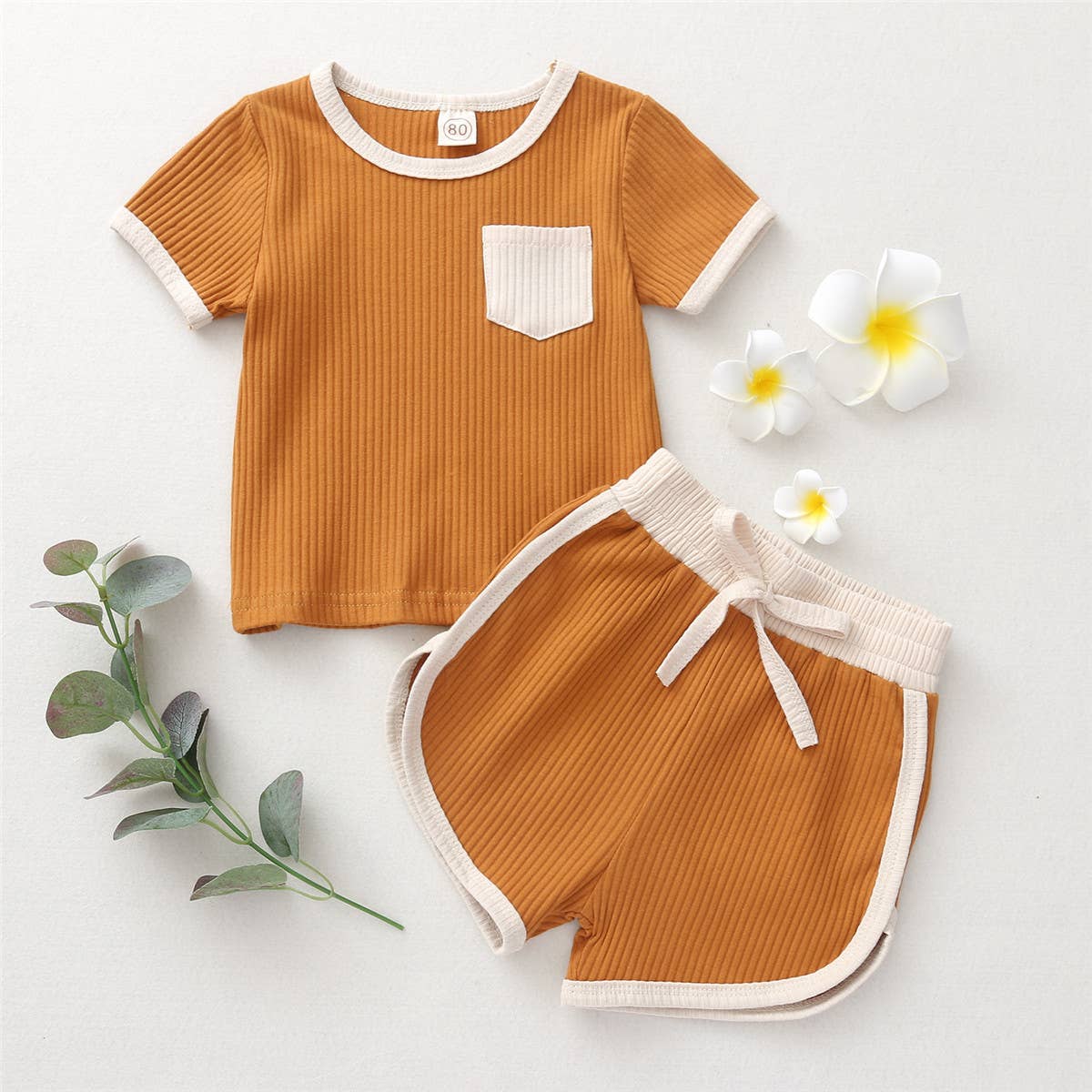 Contrast Binding Top & Shorts 2pcs Little Kid Outfit