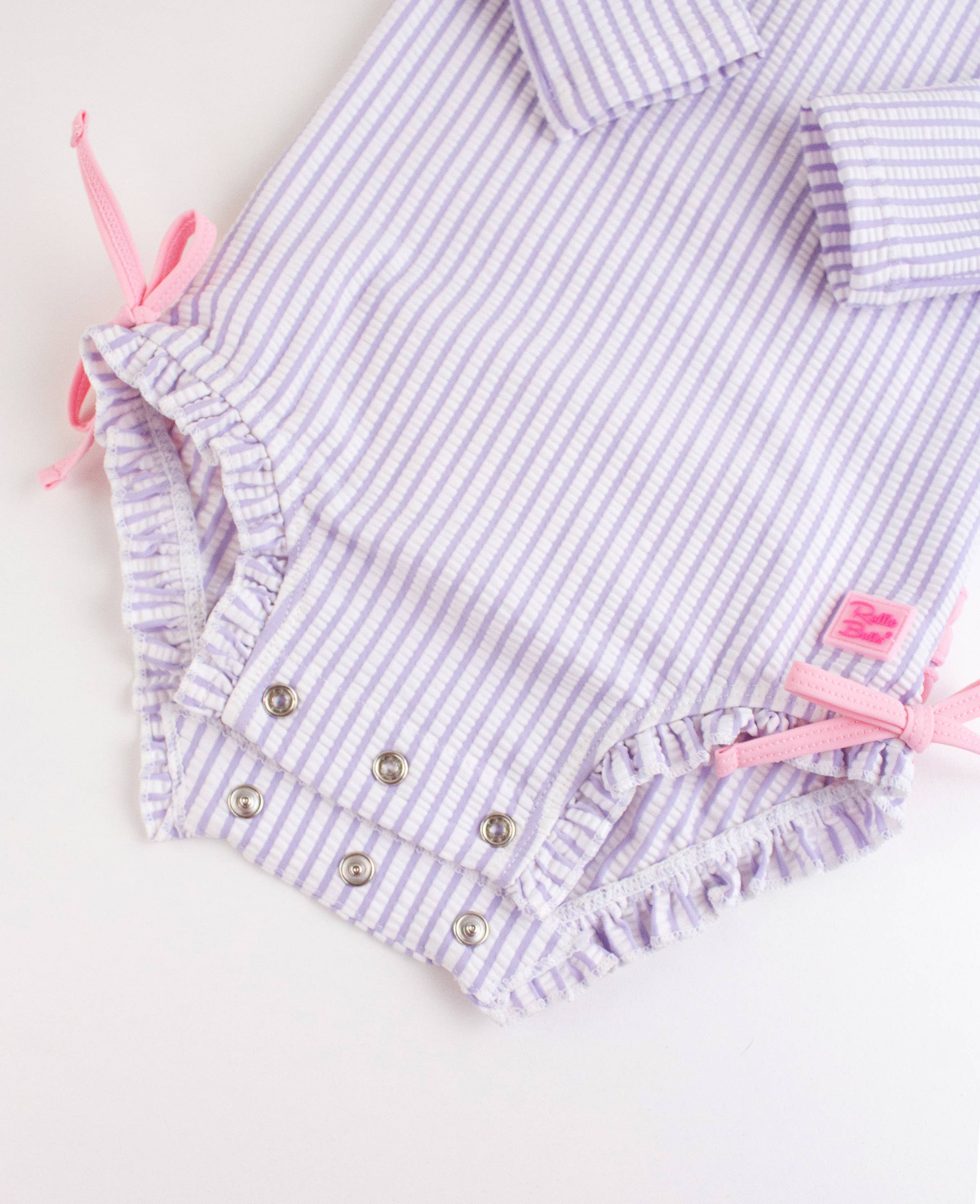 Baby Girls Lavender Seersucker Long Sleeve One Piece Rash Guard Swimsuit with Signature Rear Ruffles