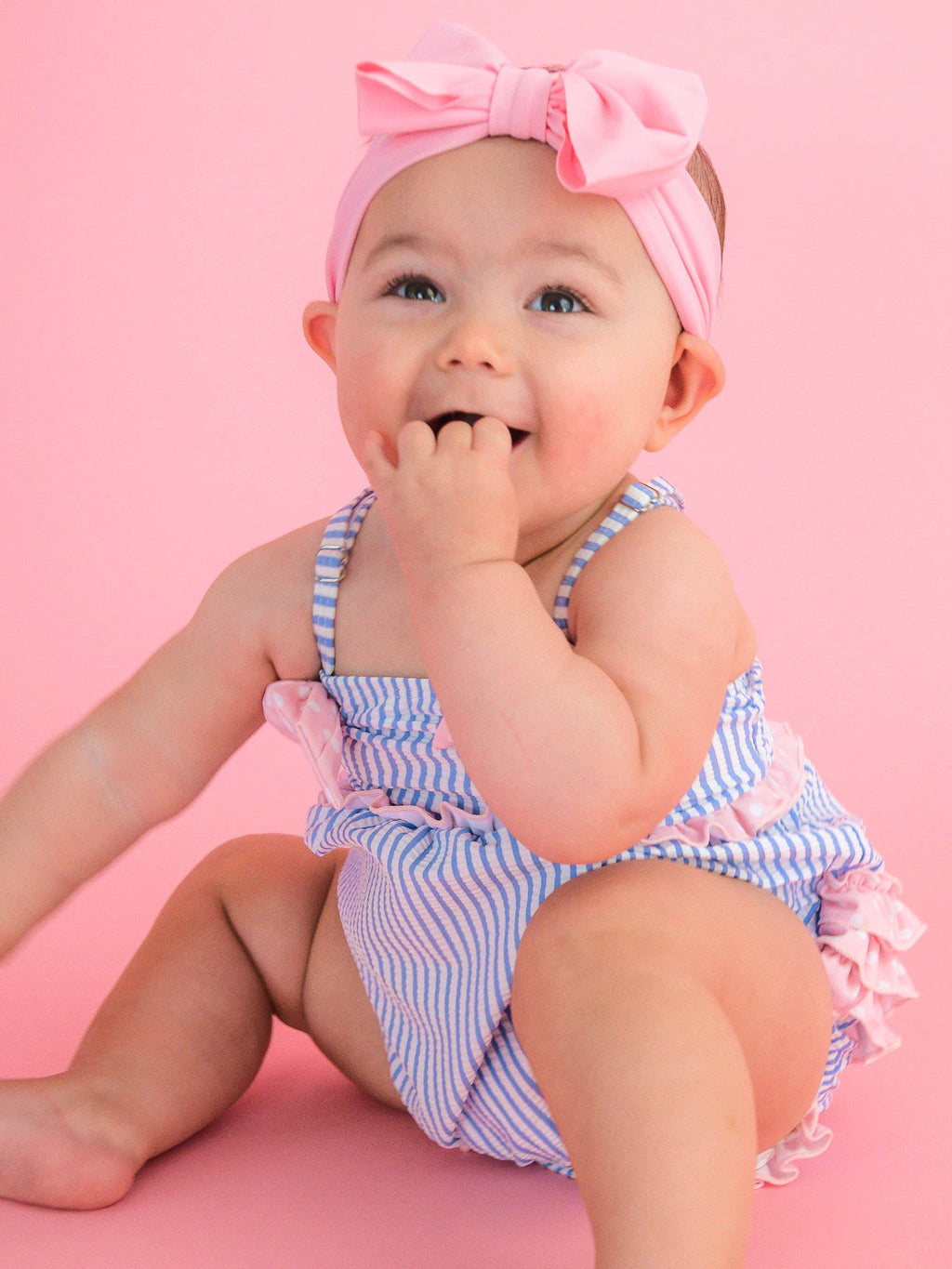 Baby Girls Periwinkle Blue Seersucker One Piece Bow Bubble Romper Swimsuit with Signature Rear Ruffles