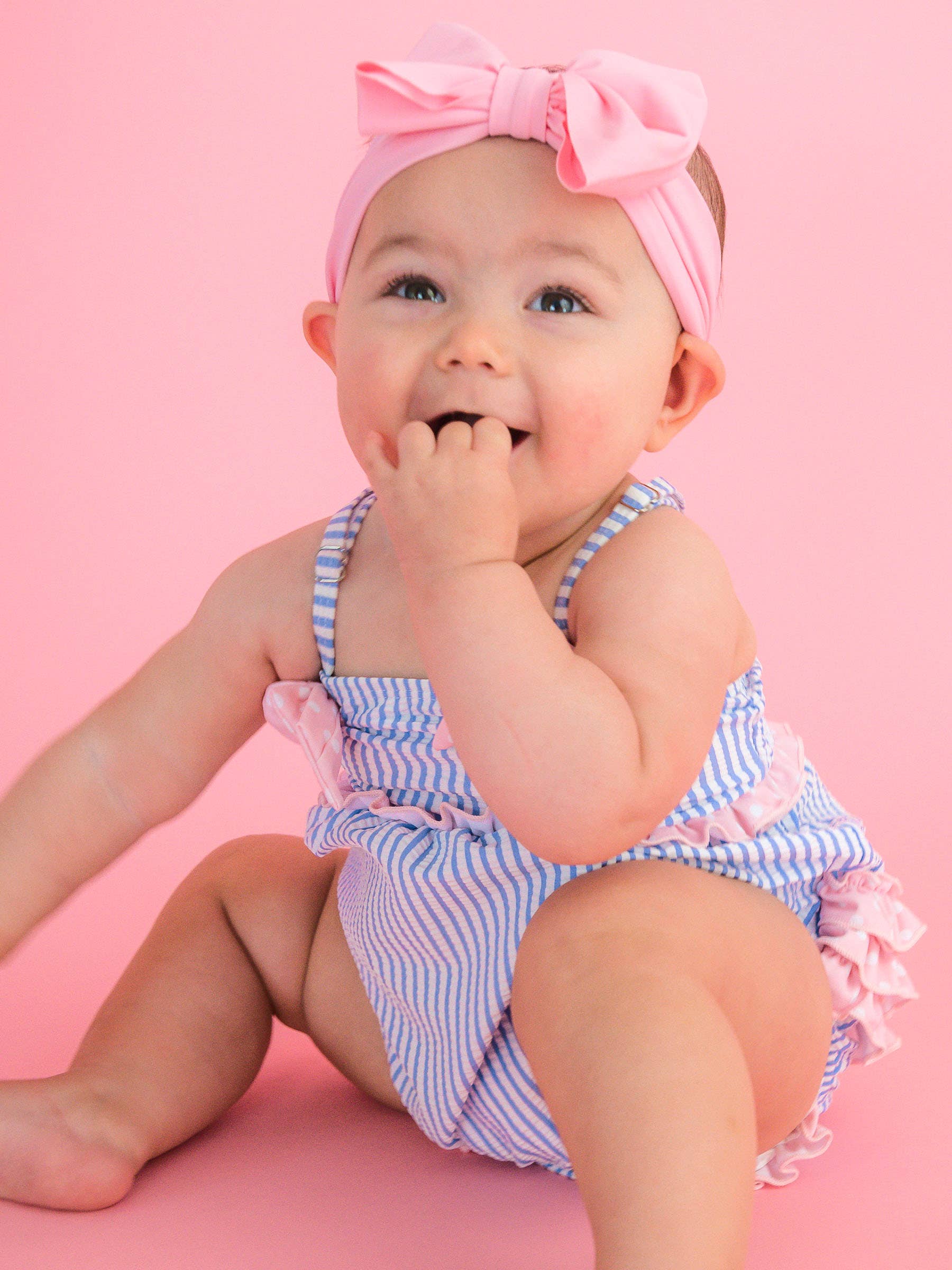 Baby Girls Periwinkle Blue Seersucker One Piece Bow Bubble Romper Swimsuit with Signature Rear Ruffles