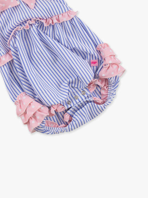 Baby Girls Periwinkle Blue Seersucker One Piece Bow Bubble Romper Swimsuit with Signature Rear Ruffles