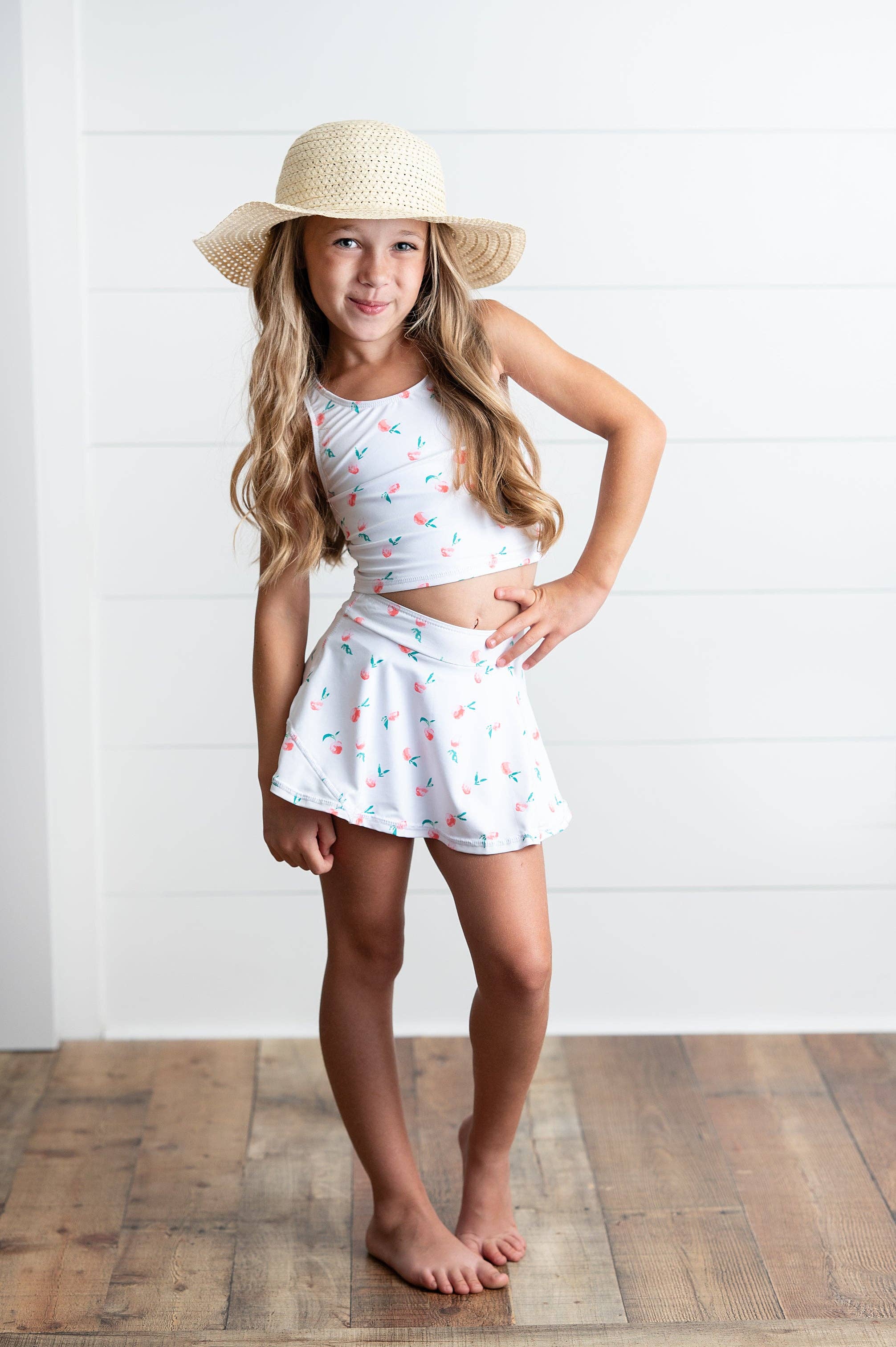 Girls White Peach 2 Piece Athletic Active Skirted Sport Set