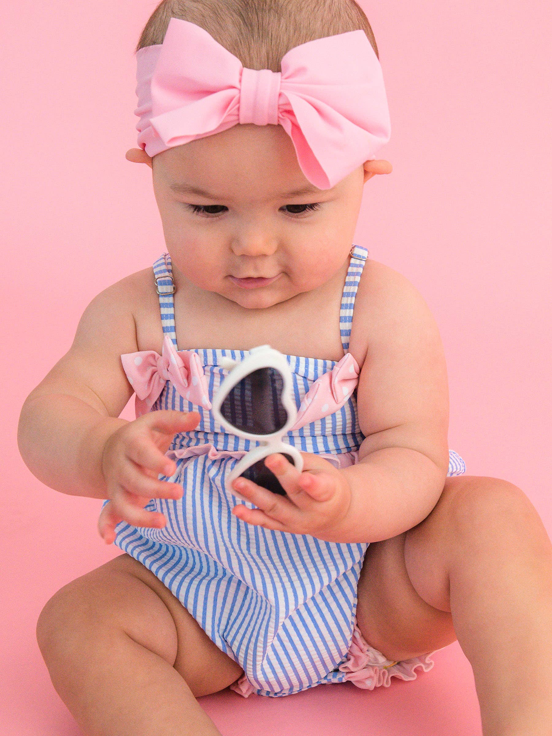 Baby Girls Periwinkle Blue Seersucker One Piece Bow Bubble Romper Swimsuit with Signature Rear Ruffles