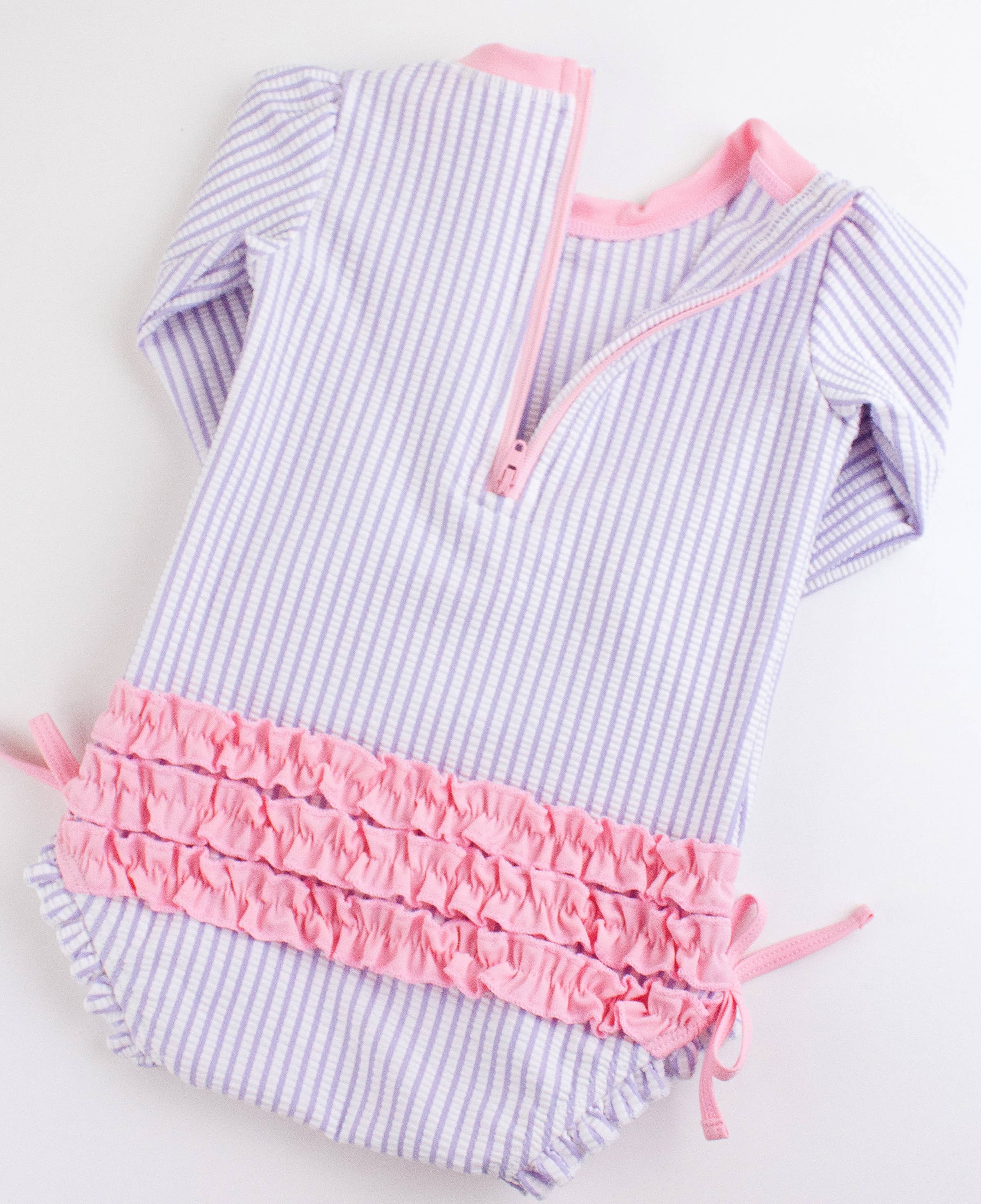 Baby Girls Lavender Seersucker Long Sleeve One Piece Rash Guard Swimsuit with Signature Rear Ruffles