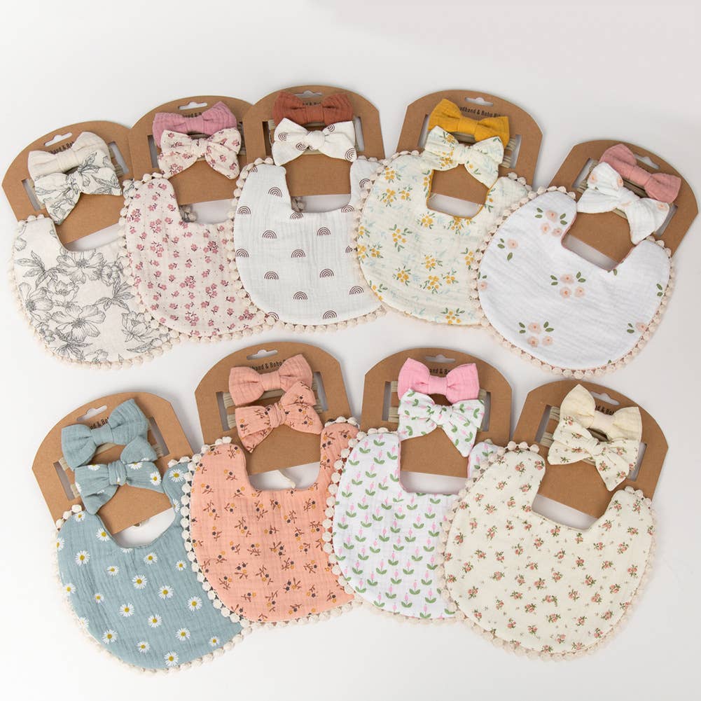 Baby Floral cotton Waterproofer Bib and Bows headband Sets