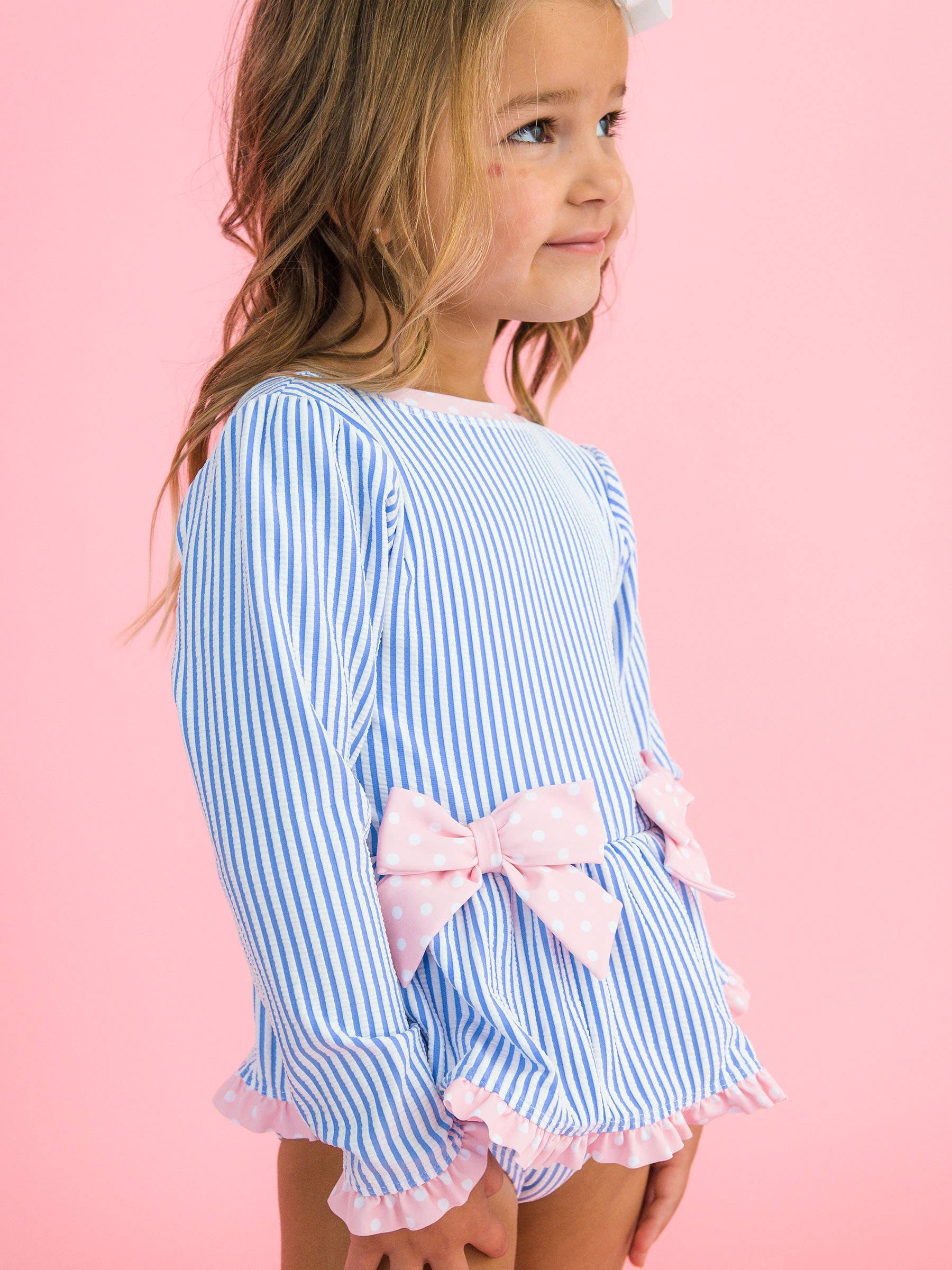 Girls Periwinkle Blue Seersucker Long Sleeve One Piece Bow Peplum Rash Guard Swimsuit