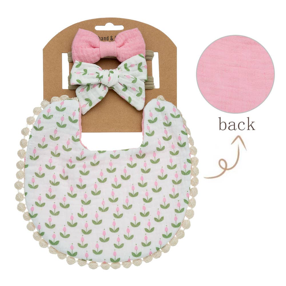 Baby Floral cotton Waterproofer Bib and Bows headband Sets